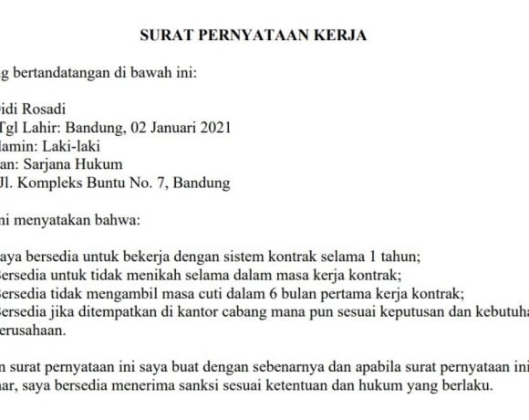 contoh surat pernyataan kerja