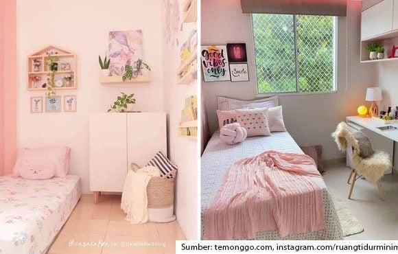 desain kamar tidur sempit sederhana warna pink