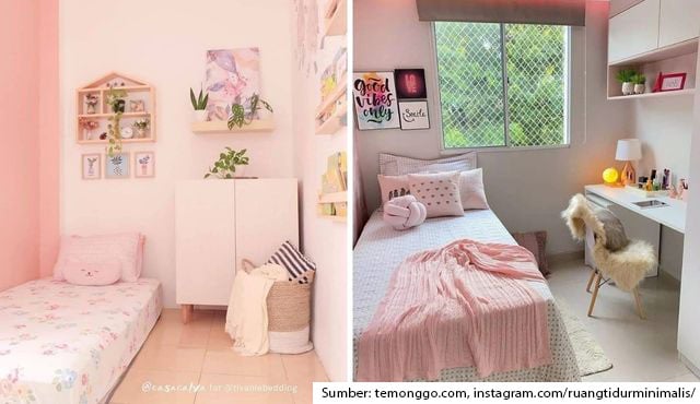 desain kamar tidur sempit sederhana warna pink