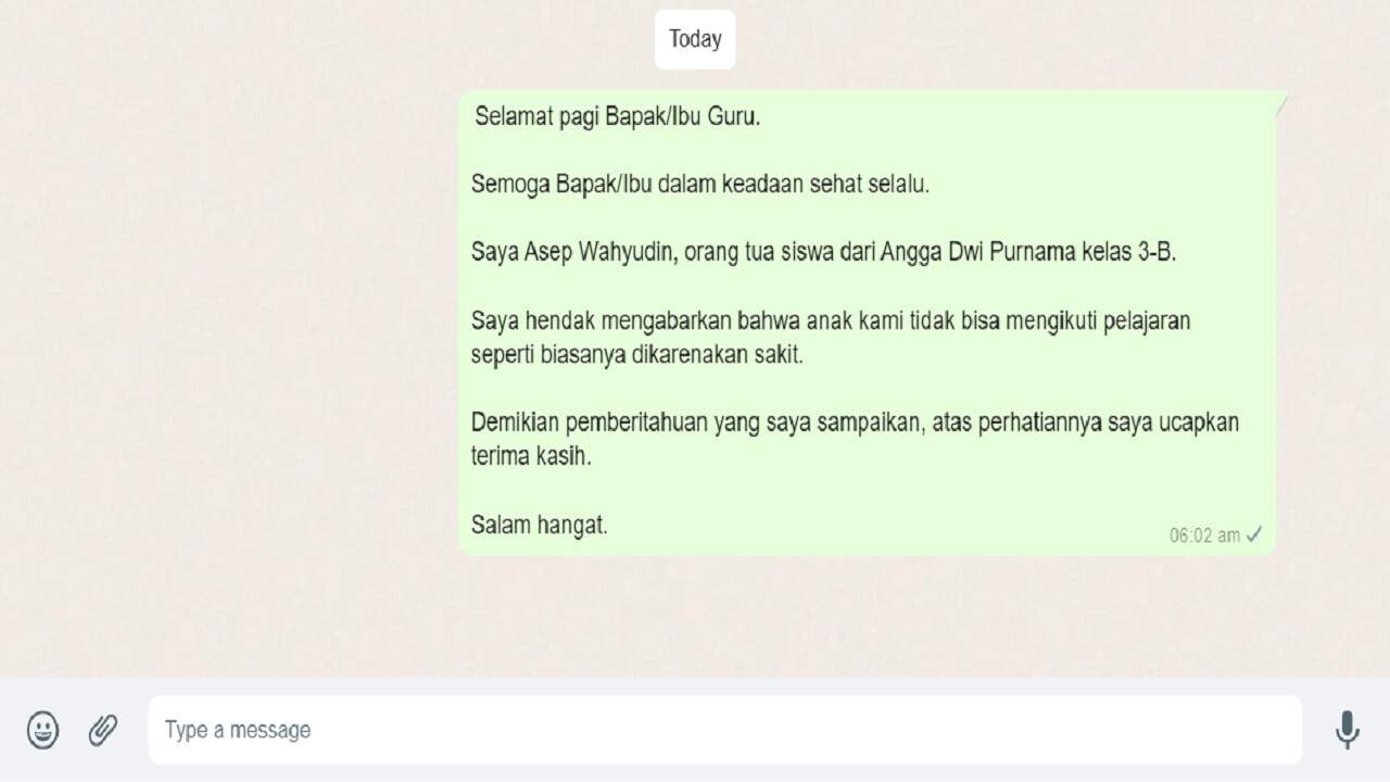 contoh surat izin tidak masuk sekolah lewat whatsapp