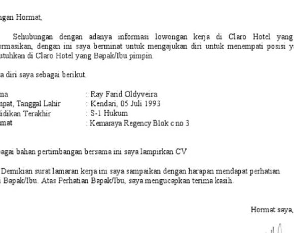 contoh surat lamaran kerja di hotel